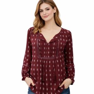 Sears Boho Peasant Blouse Burgundy Womens Medium Top Cotton Cottagecore Festival